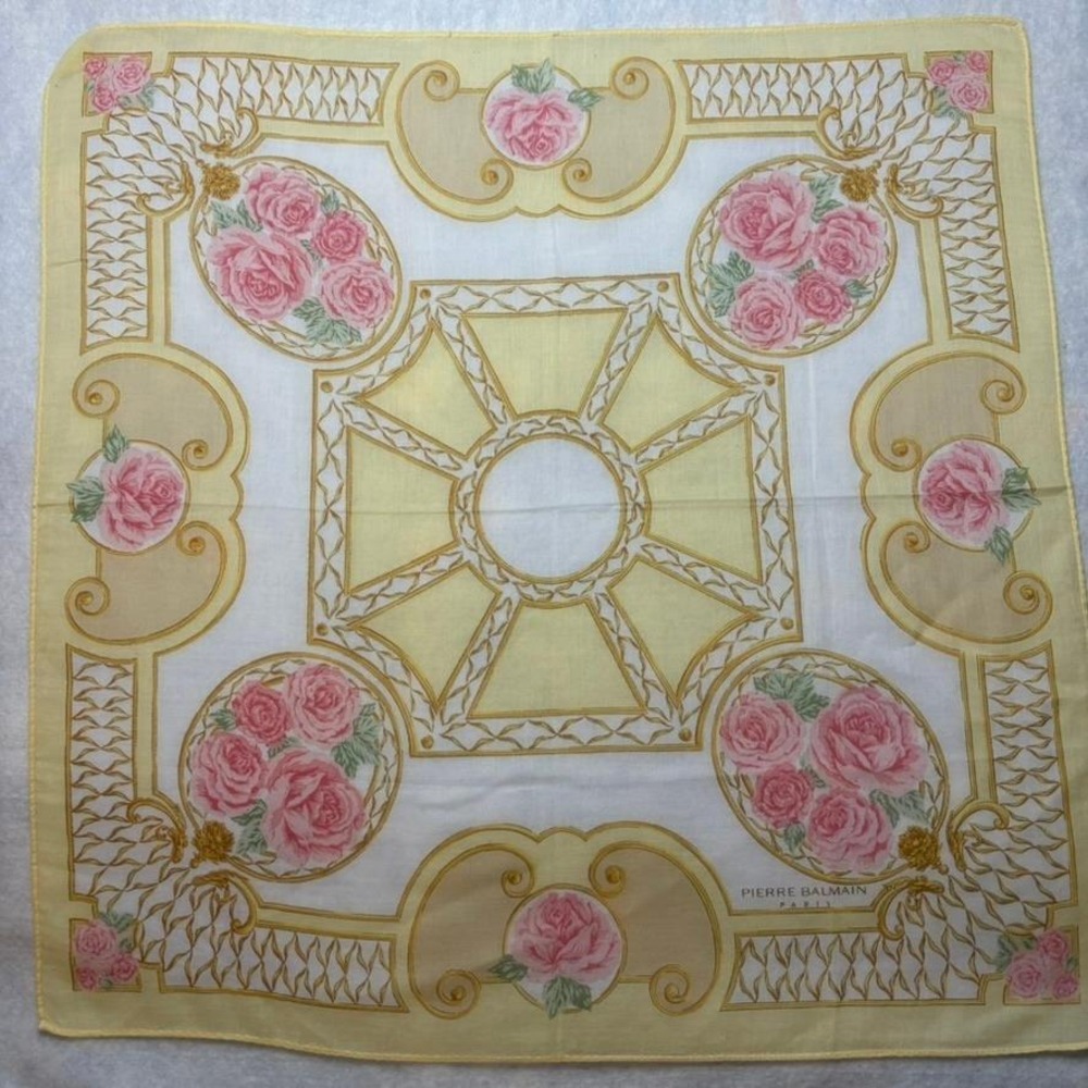 PIERRE BALMAIN Scarf Handkerchief Floral Rose Cotton Yellow White 17.5" Vintage